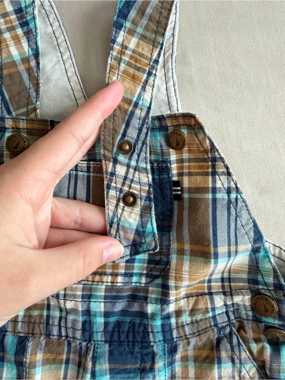 Nautica Blue Plaid Shorts Overalls with Pockets (24M)